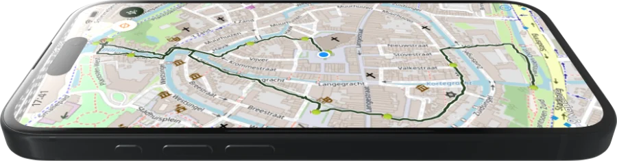 The map in the app, with the route through the old centre and the stops on it